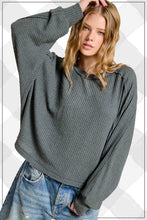 HAT7565-Brushed Waffle Fabric Loose Fit Long Sleeve Top: Teal Green / M