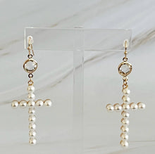 Pearl Cross Dangle Earrings: Silver