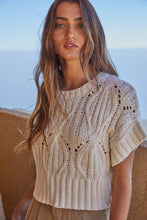 W1124 | Knit Sweater Crochet Round Neck Short Sleeve Top: Navy / Large
