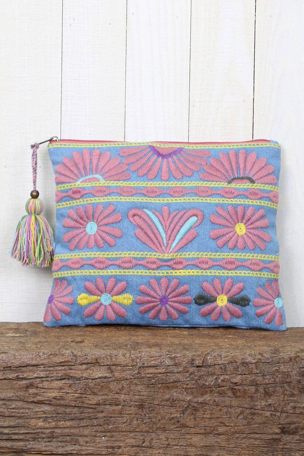 Embroidered Clutch with Tassel Pull