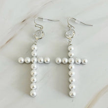 Pearl Cross Dangle Earrings: Silver