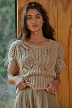 W1124 | Knit Sweater Crochet Round Neck Short Sleeve Top: Dark Brown / Small