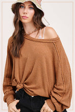HAT7565-Brushed Waffle Fabric Loose Fit Long Sleeve Top: Teal Green / S