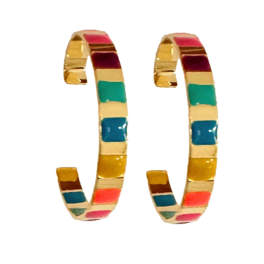 Rainbow Enamel Striped Hoop Statement Earrings