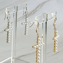 Pearl Cross Dangle Earrings: Silver
