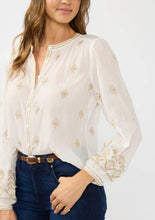 Long Sleeve Button Down Embroidered Blouse: WHITE/SAND / L