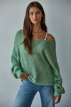 W1106 | Sweater Knit Crochet Round Neck Long Sleeve Top: Jade Green / Large