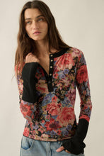 Floral-Print Mesh Split-Cuff Raglan-Sleeve Henley Top: Black / M