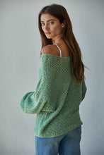 W1106 | Sweater Knit Crochet Round Neck Long Sleeve Top: Jade Green / Medium
