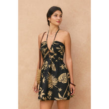 Tropical Leaf Ruched Halter Mini Dress: TAHITI / S-M-L(2-2-2)