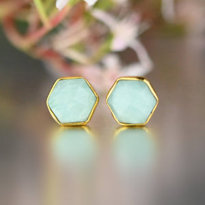 Semi Precious Hexagon Gemstone Studs (8mm gold): Pyrite