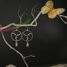 Triple Goddess Brass Cast Hoops w/ Semi Precious Tear Drop: Amethyst