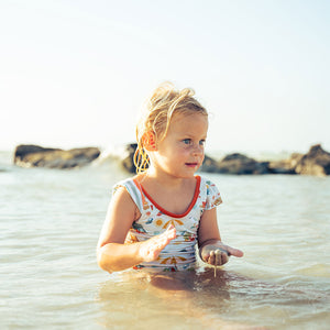 Beach Day and Coral Stripes Reversible Ruffle Sleeve One Piece Girls Swimsuit