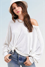 HAT7565-Brushed Waffle Fabric Loose Fit Long Sleeve Top: Teal Green / S