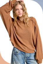 HAT7565-Brushed Waffle Fabric Loose Fit Long Sleeve Top: Teal Green / M