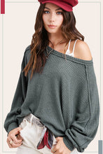 HAT7565-Brushed Waffle Fabric Loose Fit Long Sleeve Top: Teal Green / M