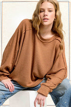 HAT7565-Brushed Waffle Fabric Loose Fit Long Sleeve Top: Teal Green / M
