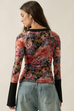 Floral-Print Mesh Split-Cuff Raglan-Sleeve Henley Top: Black / M