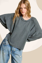 HAT7565-Brushed Waffle Fabric Loose Fit Long Sleeve Top: Teal Green / S