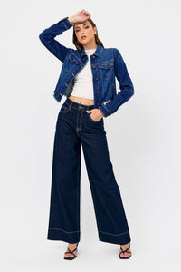 Dark Wash Cropped Frayed Fitted Jacket Rebel