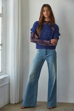 W1124 | Knit Sweater Crochet Round Neck Short Sleeve Top: Navy / Large
