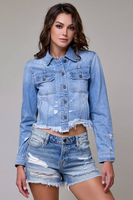 Light Wash Frayed Fitted Jacke