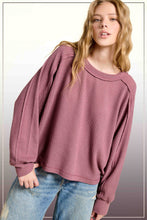 HAT7565-Brushed Waffle Fabric Loose Fit Long Sleeve Top: Teal Green / S