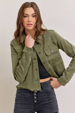 Military Olive Frayed Cropped Fitted Jacket