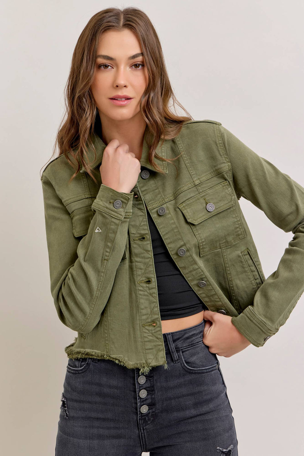 Military Olive Frayed Cropped Fitted Jacket