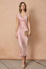 Satin Metal Trim Cowl Ruched Midi Dress: SAGE / S-M-L(2-2-2)