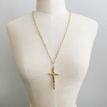 Hammered Cross Long Chain Necklace: Silver