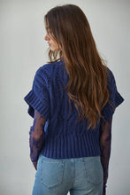 W1124 | Knit Sweater Crochet Round Neck Short Sleeve Top: Navy / Large