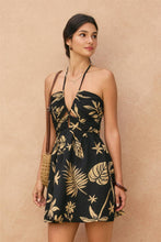 Tropical Leaf Ruched Halter Mini Dress: TAHITI / S-M-L(2-2-2)