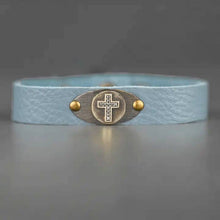 Leather Stacker Cuff w/ Brass Cross and Delicate Crystals: Sterling