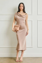 Satin Metal Trim Cowl Ruched Midi Dress: SAGE / S-M-L(2-2-2)