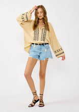 Embroidered Dolman Sleeve Split Neck Knit Top: Taupe/Black / M