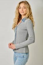 60719 Washed Thermal Button Down Top: Melange Grey / Large