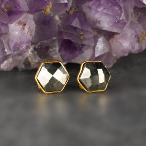 Semi Precious Hexagon Gemstone Studs (8mm gold): Pyrite