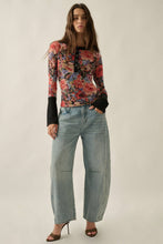 Floral-Print Mesh Split-Cuff Raglan-Sleeve Henley Top: Black / L