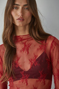 Charcoal Knit Lace Long Sleeve Mock Neck Top