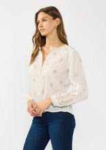Long Sleeve Button Down Embroidered Blouse: WHITE/SAND / S