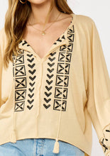 Embroidered Dolman Sleeve Split Neck Knit Top: Taupe/Black / M