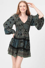C4D35-A908 V NECK SMOCKED BODICE LONG BELL SLEEVE LACE TRIM : MINT / M