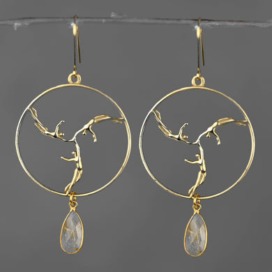 Triple Goddess Brass Cast Hoops w/ Semi Precious Tear Drop: Amethyst