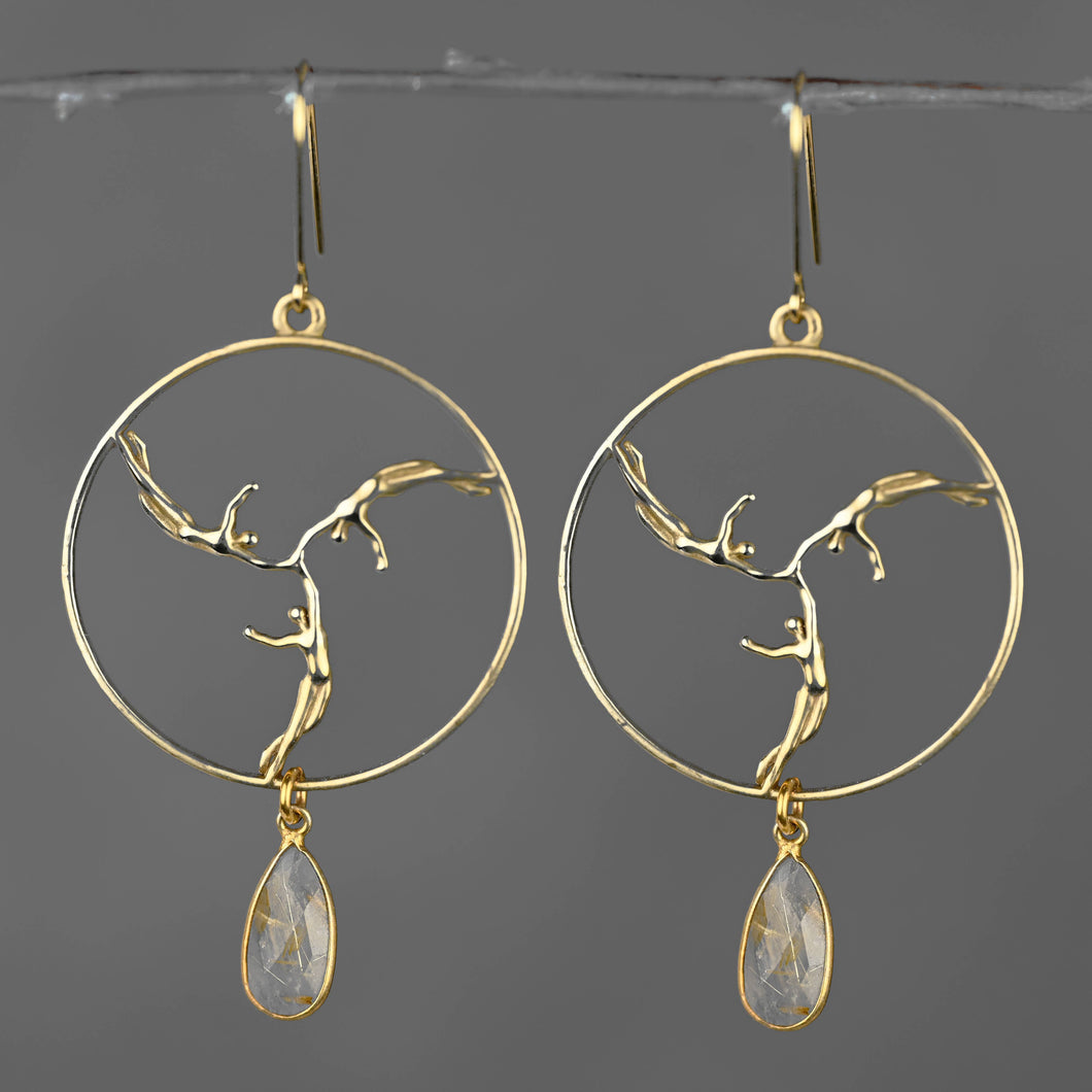 Triple Goddess Brass Cast Hoops w/ Semi Precious Tear Drop: Amethyst