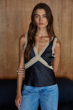 L8810 | Woven Satin Contrast Lace Trim Detail Sleeveless Top: Black / M