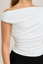 OFF THE SHOULDER TOP WITH RUCHING: CREAM