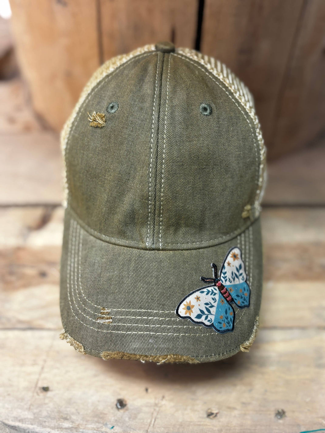 Butterfly Patch Distressed Snapback Mesh Cap