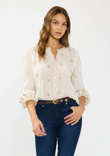 Long Sleeve Button Down Embroidered Blouse: WHITE/SAND / M
