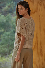 W1124 | Knit Sweater Crochet Round Neck Short Sleeve Top: Dark Brown / Medium